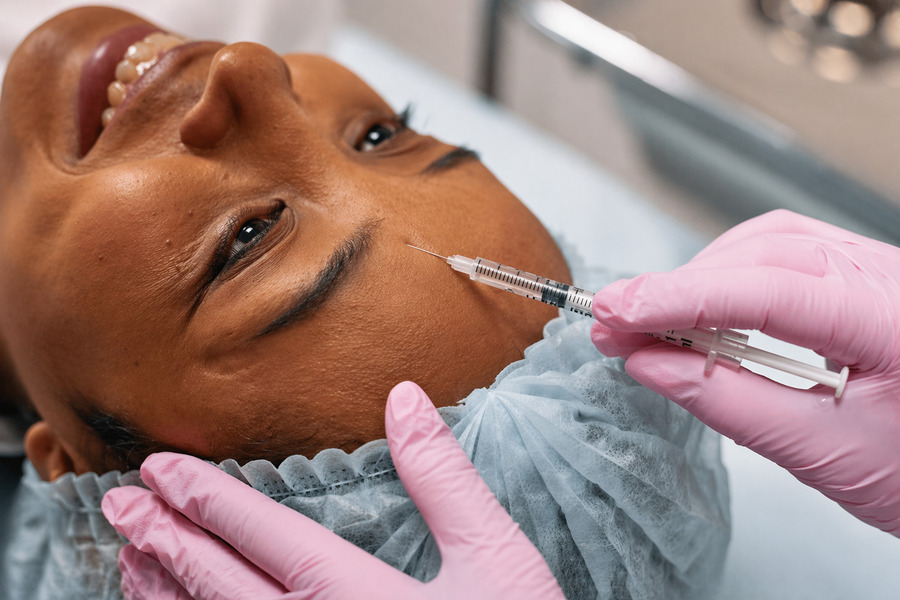 Aplicação de Botox na testa de paciente em clínica estética.