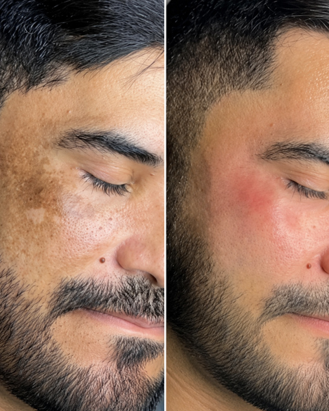 Antes e depois do microagulhamento facial para manchas escuras ou melasma, mostrando melhora da uniformidade da pele e suavização de áreas pigmentadas na lateral do rosto.