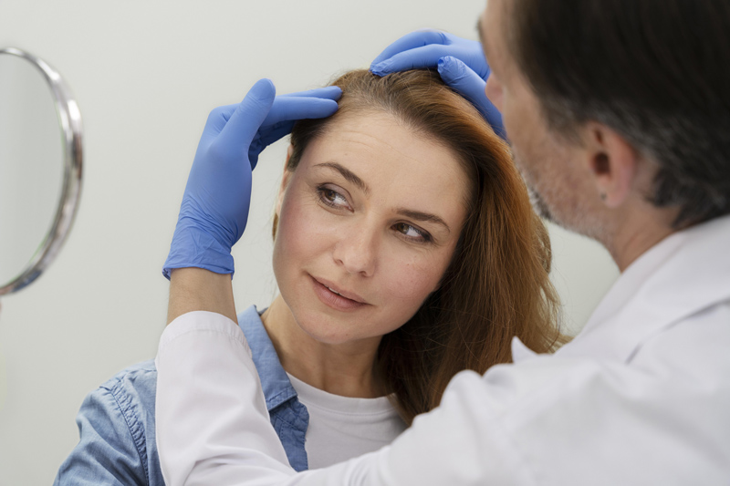 Mulher realizando avaliação com profissional de estética para iniciar tratamento capilar para alopécia.