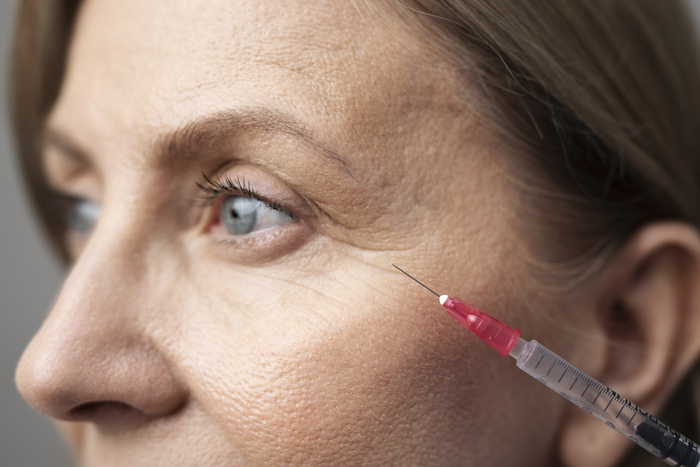 Aplicação de botox nas rugas do olho, ou pés de galinha.