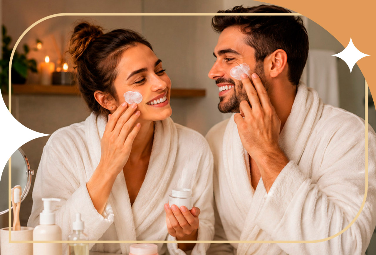 Casal de roupão aplicando creme facial em frente ao espelho do banheiro, sorrindo e compartilhando um momento de skincare e autocuidado em um ambiente acolhedor e relaxante.