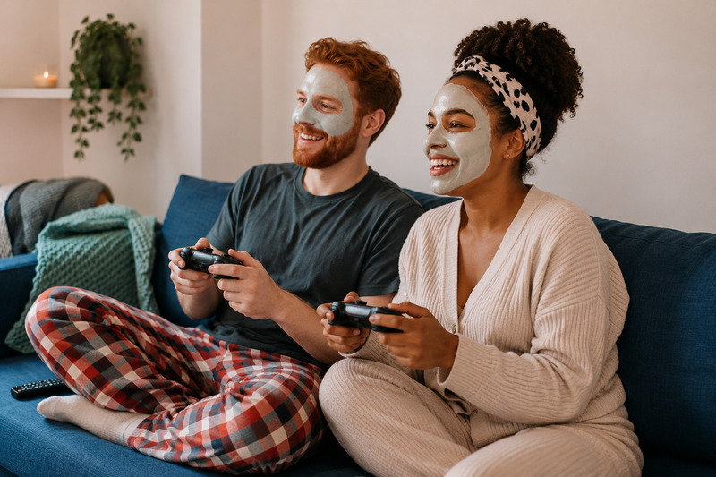 Casal usando máscara facial enquanto joga videogame no sofá de casa, com homem ruivo e mulher negra sorrindo e conversando em um momento descontraído de autocuidado e bem-estar na rotina
