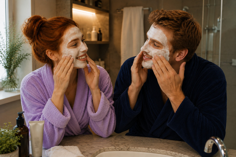 Casal usando máscara facial e fazendo massagem no rosto em um banheiro aconchegante, sorrindo durante uma rotina de skincare e autocuidado a dois.