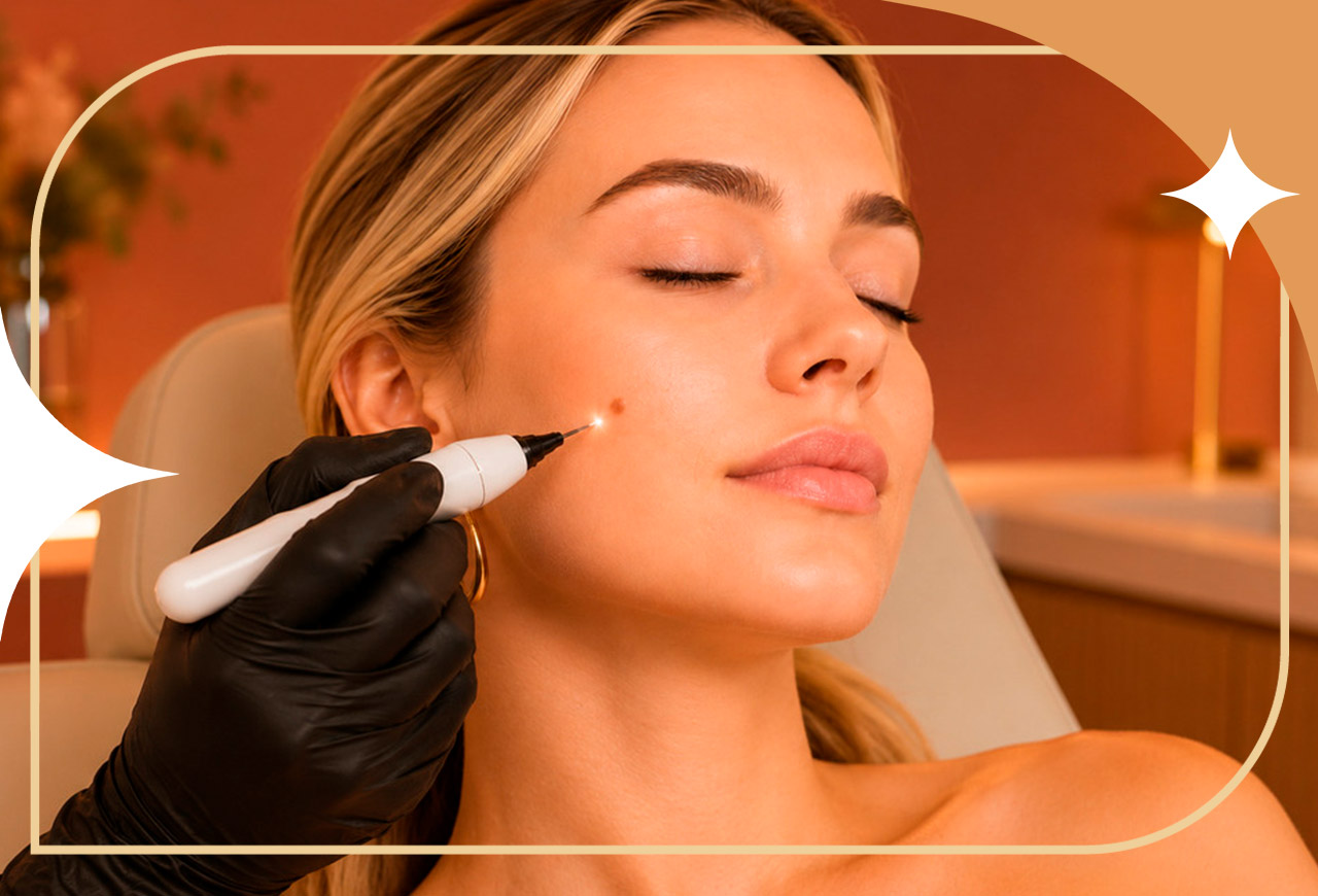 Mulher recebendo aplicação de eletrocautério facial com equipamento de ponteira fina em uma clínica de estética