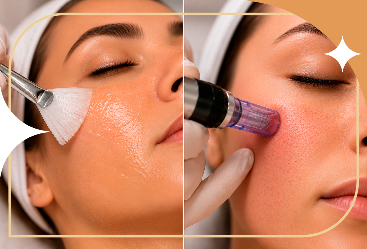 Foto dividida entre procedimentos de peeling e microagulhamento sendo realizados, dois procedimentos ideais para fazer no frio.