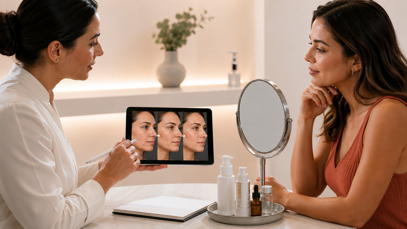 Profissional de estética apresenta um plano de tratamento personalizado a uma paciente durante uma avaliação facial, ilustrando a importância de alinhar expectativas e acompanhar a evolução dos resultados.