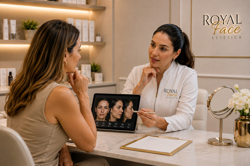 Profissional de estética realizando avaliação individual com paciente.
