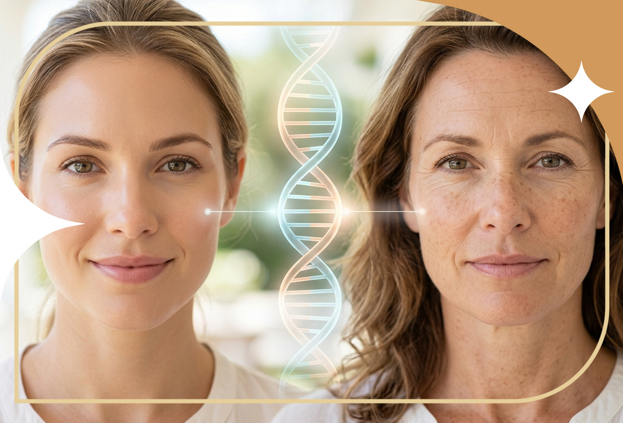 Mulheres com diferentes sinais de envelhecimento da pele ao lado de uma representação do DNA, ilustrando a epigenética da pele