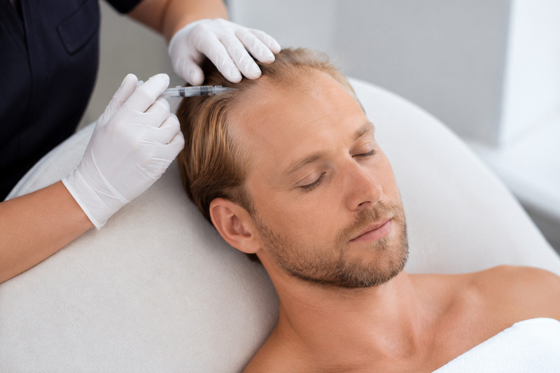 Homem de cabelo ralo, durante mesoterapia capilar, deitado em maca recebendo aplicação no couro cabeludo por profissional com luvas, em clínica de estética
