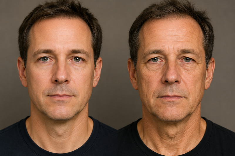 Comparação lado a lado do rosto de um homem adulto em dois momentos ilustrando diferenças visíveis na qualidade da pele, com aumento de linhas de expressão, rugas e flacidez ao longo do tempo.