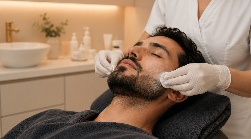 Homem de barba recebendo limpeza de pele profissional em clínica estética, enquanto uma especialista realiza o procedimento em ambiente moderno, ilustrando os cuidados para prevenir pelos encravados e foliculite.