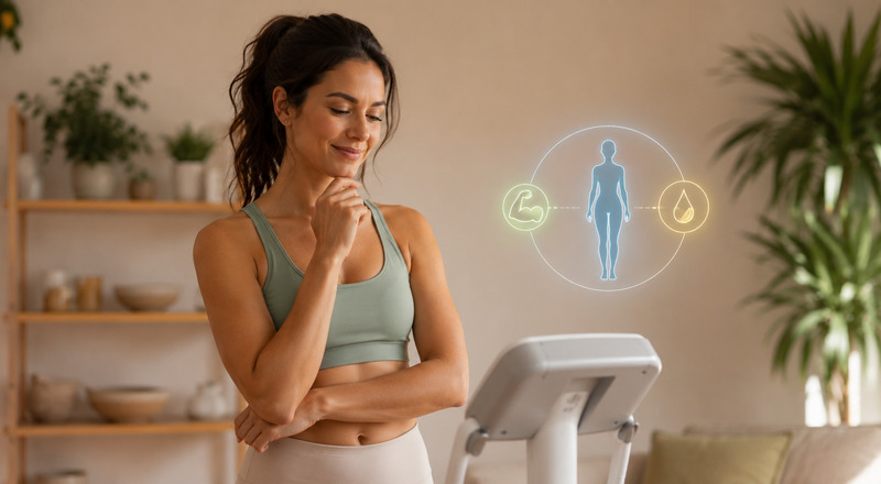 Mulher observando uma balança de bioimpedância enquanto avalia indicadores de composição corporal, representando o conceito de idade metabólica.