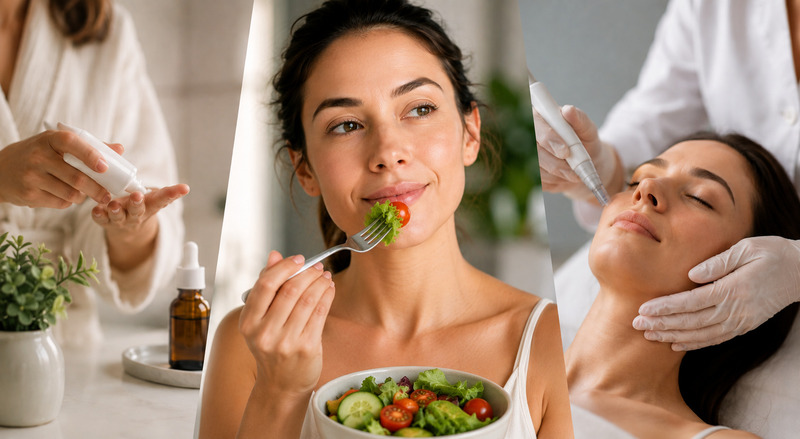 Mulher comendo comida saudável ao centro, acompanhada por uma rotina de skincare e um procedimento estético, representando hábitos, cuidados diários e tratamentos para a saúde da pele.