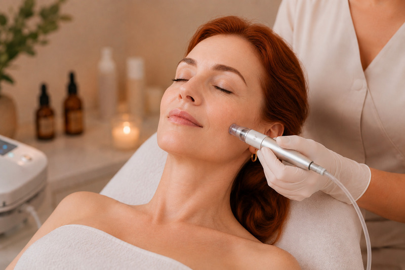 Mulher de pele clara, em torno dos 45 anos, recebendo um procedimento estético facial em clínica de estética, ilustrando cuidados que estimulam a qualidade, a firmeza e a longevidade da pele.