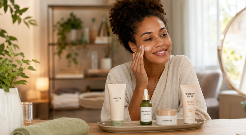 Mulher aplicando hidratante no rosto diante do espelho, com produtos de limpeza suave, tratamento, hidratação e proteção solar organizados sobre a bancada representando o skincare slow aging