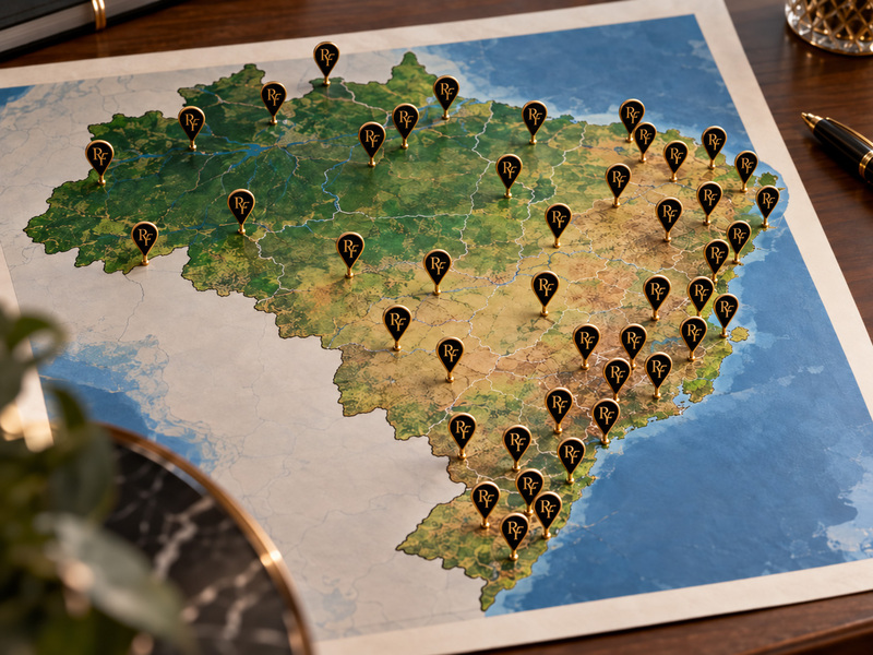 Mapa do Brasil aberto sobre mesa, com diversos pins identificando várias unidades da clínica de estética Royal Face espalhadas por todo o país.