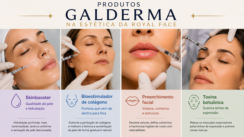 Tratamentos injetáveis Galderma na Royal Face: Skinbooster, bioestimulador de colágeno, preenchimento facial e toxina botulínica.