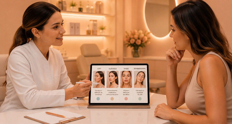 Avaliação profissional em clínica de estética para identificar qual tratamento da linha Restylane é mais adequado aos objetivos da paciente