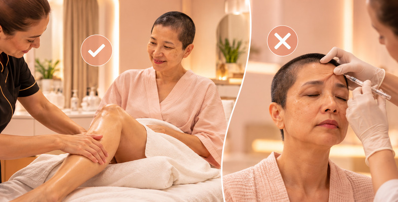 Comparação entre drenagem linfática manual e aplicação de botox durante o tratamento oncológico, com símbolos indicando o que pode e o que deve ser adiado.