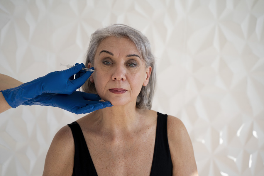 Profissional de estética aplicando injetável de bioestimulador de colágeno no rosto de paciente madura.