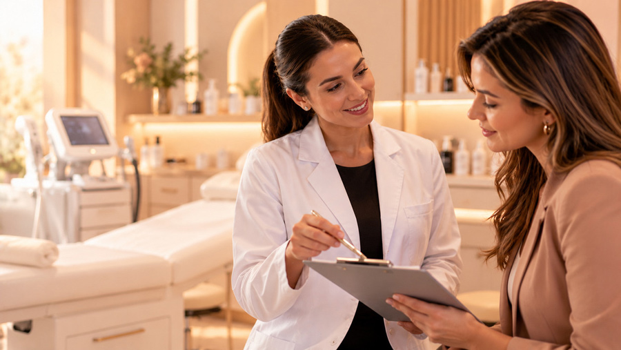 Profissional responsável técnica orienta gestora em clínica de estética durante análise de documentos.